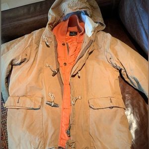 Scotch and Soda men’s large hooded canvas parka with removable quilted liner.